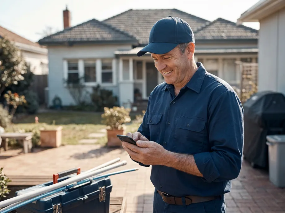 A home-service contractor checking his phone on a job site